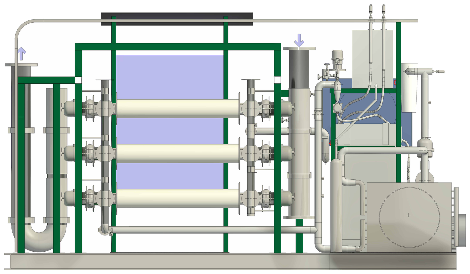 The CoolVOC regeneration unit — green frame housing three horizontal adsorption columns, a condenser and a control panel
